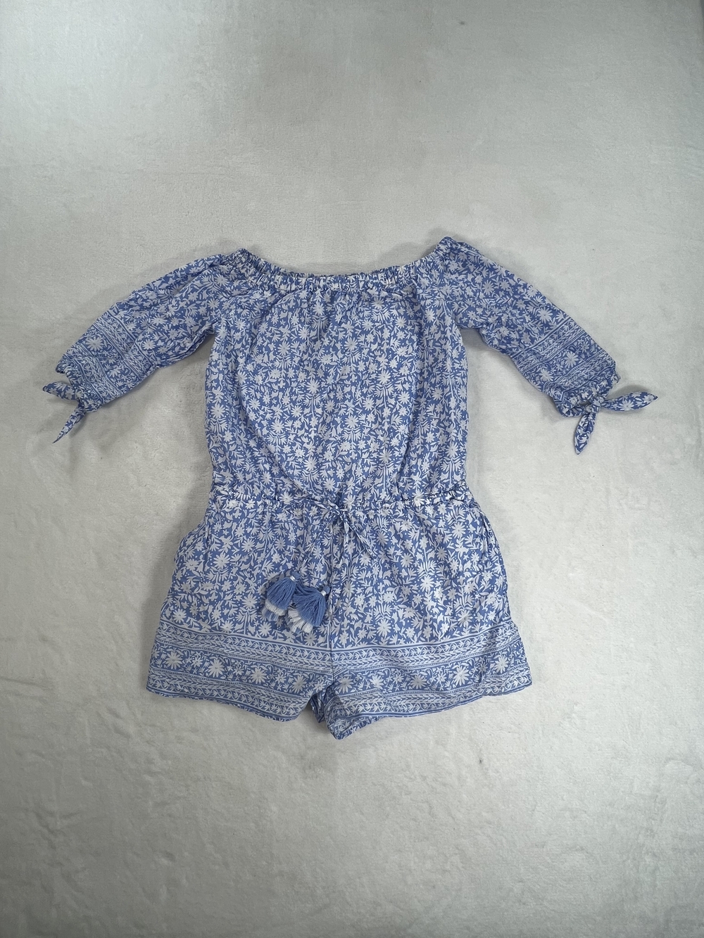 Vineyard Vines Blue Floral Off Shoulder Romper Tassel Tie Sleeve Cotton Small